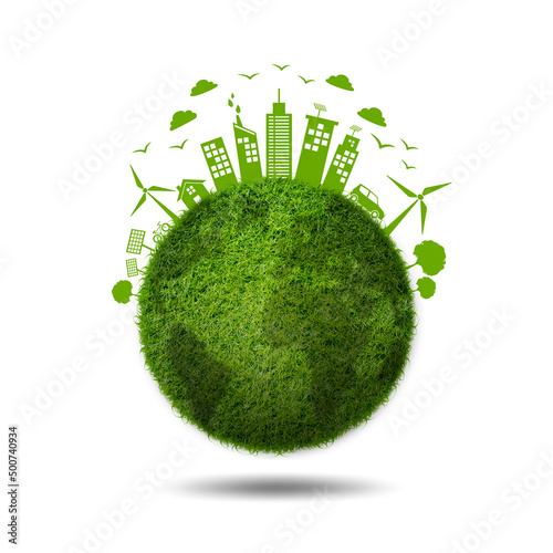 Green planet earth covered with grass. Earth day, Sustainable development, World environment day and Eco friendly concept