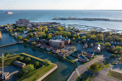 Aerial view of Fort Monroe, Old Point Comfort Marina and the Hampton Roads Bridge Tunnel