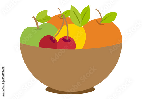 Icono de frutero con frutas, manzana, cerezas, limón y naranja. 