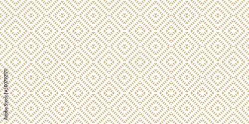 Golden vector geometric seamless pattern. Abstract gold and white graphic background with squares, rhombuses, grid. Simple wicker texture. Ethnic tribal style ornament. Repeat retro vintage geo design