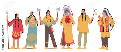 Set of Indian American Indigenous Characters, Isolated Warriors, Men, Women and Chief, Native Aboriginal Persons