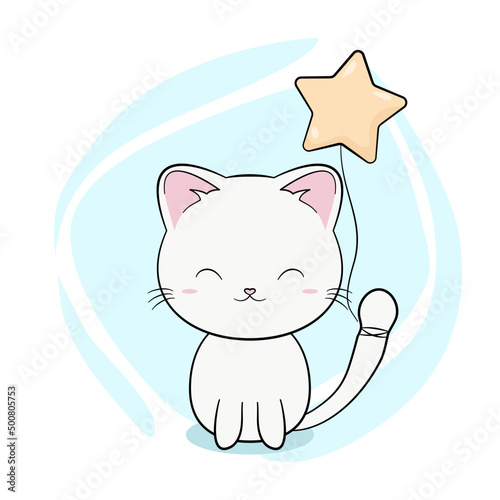 Uroczy biały kot z balonem w kształcie gwiazdki zawiązanym na ogonie. Wektorowa ilustracja urodzinowa.