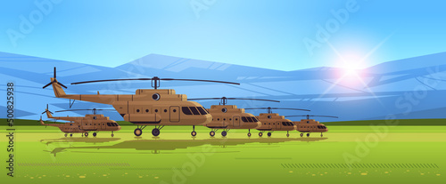 camouflaged attack helicopters special battle transport military equipment concept stop war against Ukraine