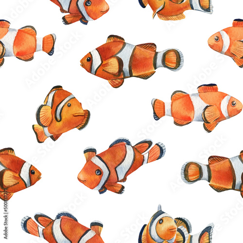 Watercolor Seamless pattern clown fish