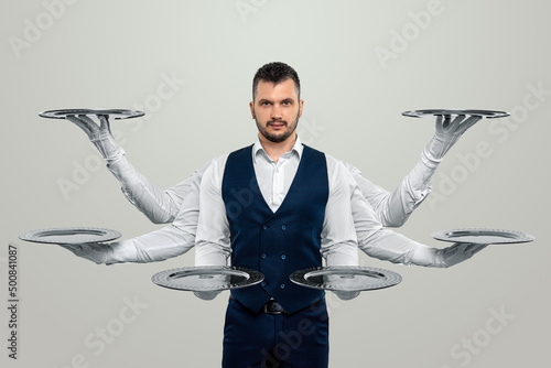 Waiter six hands, many hands. Creative portrait of a waiter with empty trays in his hands, a good worker, a spider, a professional. Modern design, layout, poster.