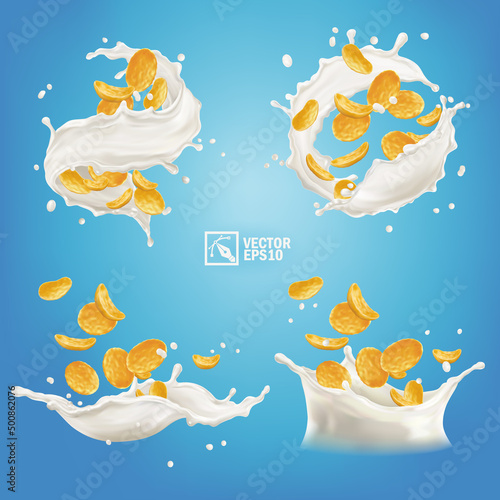 Various 3d realistic splashes of corn flakes or cereals in milk or yogurt