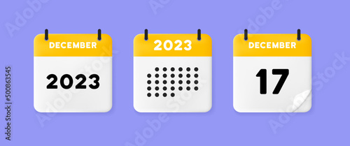 calendar icon. December. 2023 17 day. The concept of waiting for an important date. Calendar with raised pages. Yellow calendar isolated on purple background. 3d vector illustration.