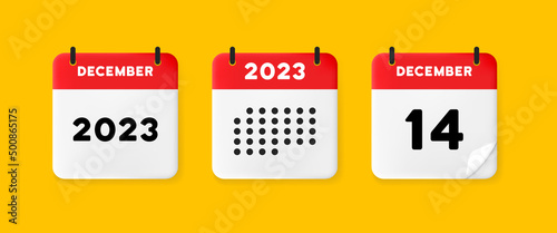 Calendar icon. December. 2023 14 day. The concept of waiting for an important date. Calendar with raised pages. Red calendar isolated on yellow background. 3d vector illustration.