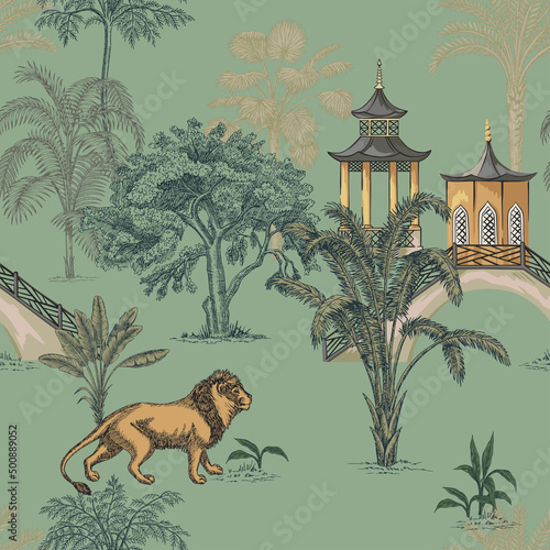 Tropical ink drawn palm trees, lion animal, pagoda summer seamless pattern. Safari wallpaper.