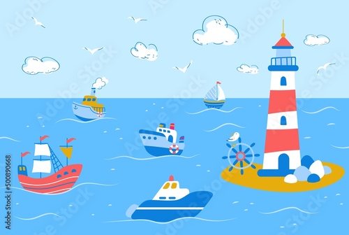Cute ship and cruiser in ocean landscape. Cartoon sailboat trip and lighthouse. Horizontal childish background, nowaday sea adventures vector banner