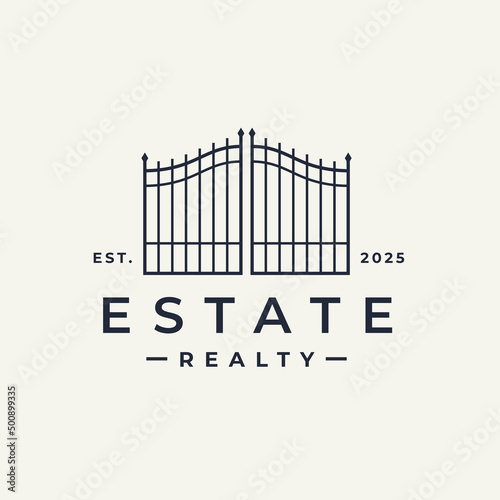 Real estate iron gate property logo. Lifestyle security estate line icon. Classic wrought iron entrance sign. Vector illustration.
