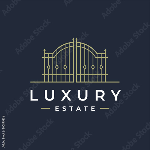 Luxury real estate gate logo. Upmarket property lifestyle security estate line icon. Classic wrought iron entrance sign. Vector illustration.