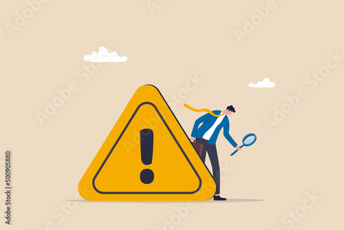 Incident management, root cause analysis or solving problem, identify risk or critical failure concept, businessman with magnifier monitor and investigate incident with exclamation attention sign.