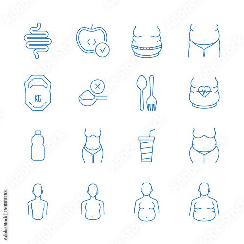 Overweight icons. Fats stages diet waist problems fitting belly garish vector illustration templates