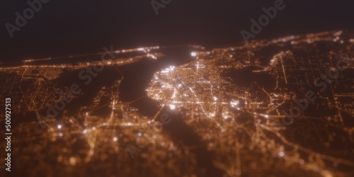 Street lights map of Pensacola (Florida, USA) with tilt-shift effect, view from north. Imitation of macro shot with blurred background. 3d render, selective focus