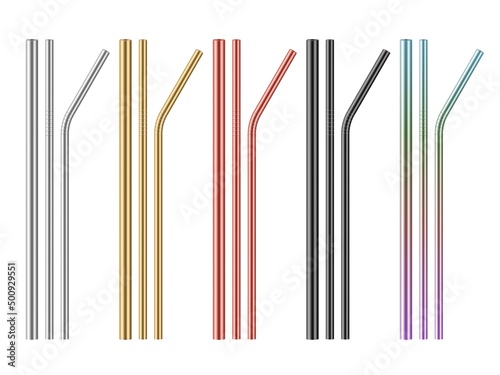 Realistic metal drinking straws. Different colors steel zero waste pipes for beverage. Straight and curved cocktail sticks. Alternative eco product. Vector reusable bar accessories set