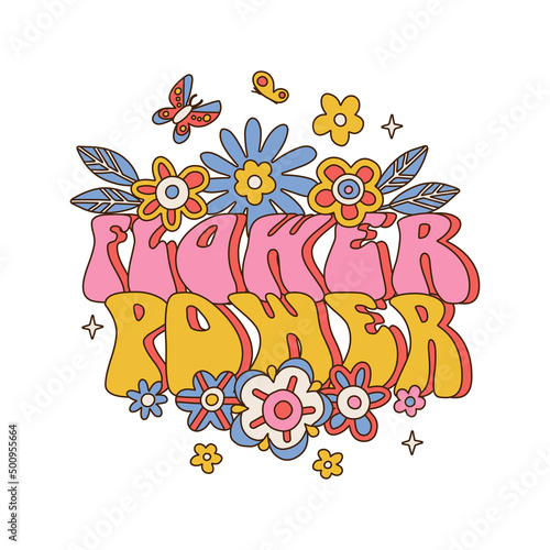 Flower Power Lettering text with daisy and butterfly concept. Template with floral symbols isolated on white background. Hand drawn vector Illustration for print design.