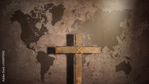 The Holy Cross and the World Gospel on world background.