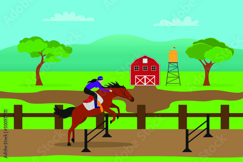 Equestrian sport vector concept. Young woman riding a horse while jumping obstacles in the equestrian sport