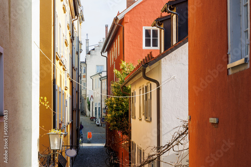 Houses and streets with historic residential facades in the Bavarian port city of Lindau on Lake Constance