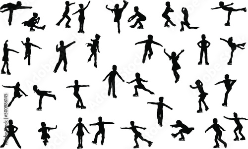 A set of silhouettes of young figure skaters skating on ice. Girls and boys learning figure skating. Vector illustration.