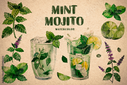 Mojito. Mint. Watercolor illustrations in retro style.
