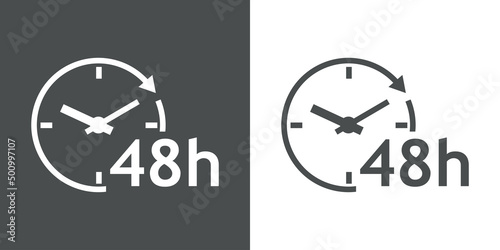Logo con texto 48 h con silueta de esfera de reloj simple con líneas con forma de flecha en círculo en fondo gris y fondo blanco