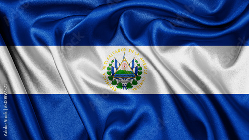 Close up realistic texture fabric textile silk satin flag of El Salvador waving fluttering background. National symbol of the country. 10th of August, Happy Day concept 