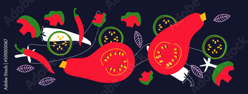 Cute appetizing Vegetables collection. Decorative abstract horizontal banner with colorful doodles. Hand-drawn modern illustrations with Vegetables, abstract elements. Abstract pumpkin, pepper, ect.