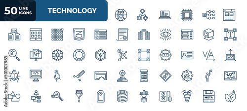 set of 50 technology web icons in outline style. thin line icons such as internet traffic, user interface, selector, virtual box, colory theory, user persona, click through rate, version control,