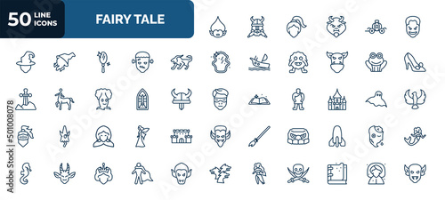 set of 50 fairy tale web icons in outline style. thin line icons such as troll, joker, chimera, toad, stained glass, palace, little red riding hood, , madre monte, hero, fairy godmother vector.