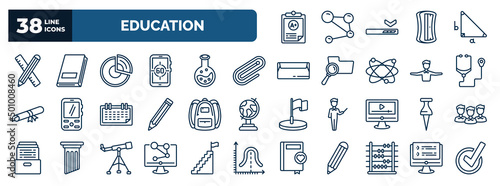 set of education web icons in outline style. thin line icons such as clipboard with a+, school supplies, pie chart, paperclip, cardiology tool, school bag, pushpin, science in a laptop, abacus