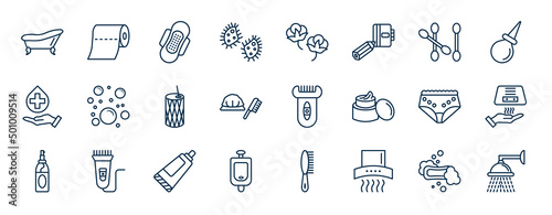set of hygiene web icons in outline style. thin line icons such as bathroom, microbes, cotton swab, bubbles, depilator, drying hands, tooth paste, extractor vector.