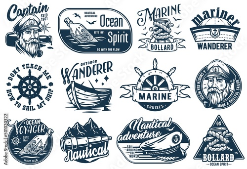 Nautical marine sailor prints, captain cap, anchor and bollard, sea wanderer, ocean spirit, seafarer emblems