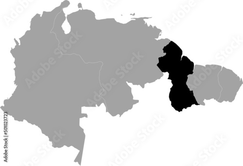 Black Map of Guyana within the gray map of the northern region of South America