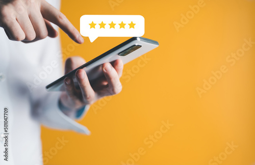 hand touch phone review 5 star,feedback client,service excellent,person holding phone