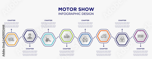motor show concept infographic template with 8 step or option. included rv, ticket collector, trolleybus, all terrain, mini truck, license plate icons for abstract background.