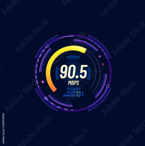 Internet bandwidth test, network speed meter or connection signal level indicator. Web data upload or download speed futuristic dial, Wi-Fi strength checkout service neon gauge or interface icon