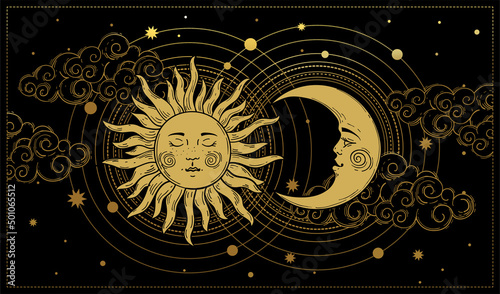 Mystical sky boho banner, golden sun and moon with a face on a black background. Magic print for astrology, tarot, witch, mysticism, yoga. Vector poster in vintage style.