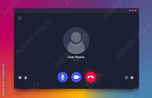 Videocall interface, vector ui of video chat call screen, laptop, desktop computer and mobile phone app. Online conference or webinar incoming videocall window overlay with user icon and buttons