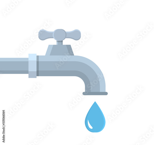 Water tap. Water faucet with drop. Flat tap with pipe and drip. Turn spigot of flow. Icon for house, economize and bathroom. Watertap isolated on white background. Vector