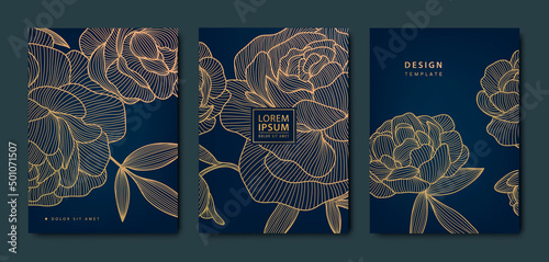 Vector artdeco luxury flower line pattern, golden backgrounds. Hand drawn peonies for packaging, social media post, cover, banner, creative post and wall arts