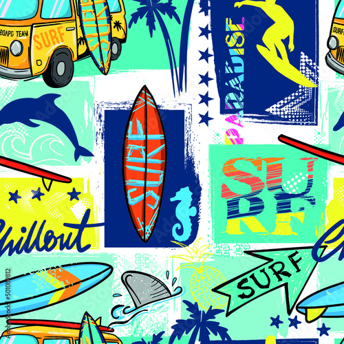 seamless abstract summer pattern with surfer, shark, dolphin, bright colors, for textiles, prints, for boy and girl