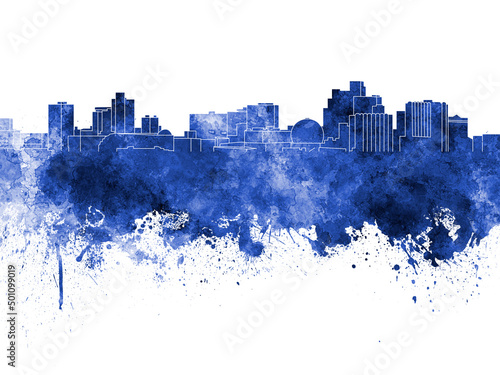 Reno skyline in blue watercolor on white background