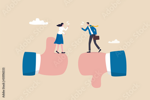 Conflict and argument between colleagues, controversy or difference opinion, disagree, confrontation or rivalry fighting concept, businessman and woman furious arguing on difference thumb up and down.