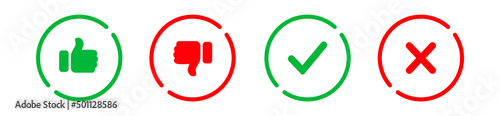 Yes or no icon. Green tick symbol and red cross sign in circle. Checkmark and check icon. Approval. Like and dislike icon. X or approve or deny line art vector icon for apps and websites and ui ux.