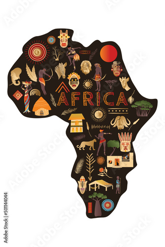 Continent Africa with patterns , vector illustration. Elements for design, vector illustration, African culture concept, logo
