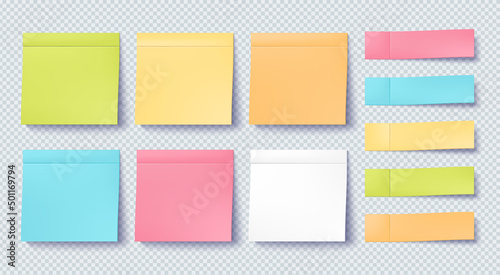 Post note sticker set isolated on transparent background. Paper sticky tape with shadow. Vector office color post note sticks for advertising design.