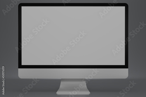 3D render Realistic computer monitor isolated on gray background. White display computer with aluminium body. Front view. 3D rendering illustration.