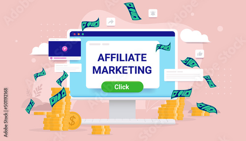 Affiliate marketing income - Desktop computer with money and web elements. Earn money online concept. Vector illustration